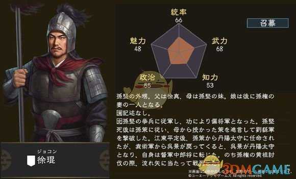 《三国志14》徐琨五维属性图一览